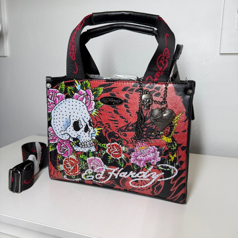 Ed Hardy Skull Roses Rhinestones Tattoo Print Crossbody Satchel Black & Red bag